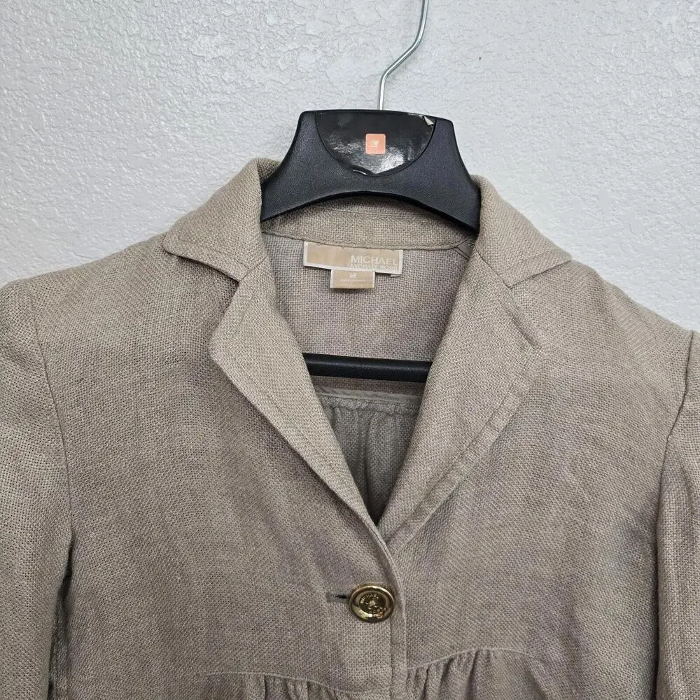 Michael Kors Tan Gold Button Blazer Cropped Length Jacket 100% Linen Sz S Office